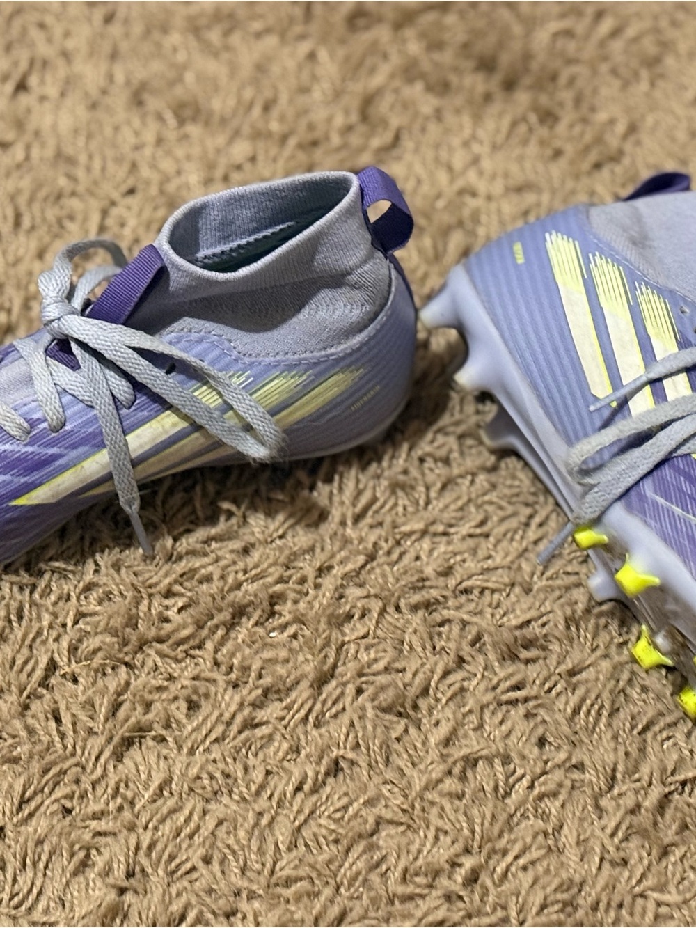 adidas Kids Light Purple Soccer Cleats with Neon Yellow Accents